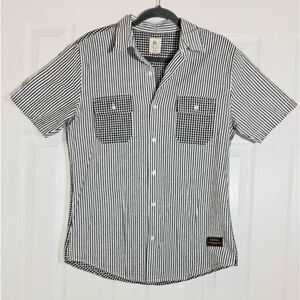 Bench womens large seersucker shirt black white gingham plaid top short sleeve